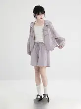 紫色フード付きUVカット薄手防止衣【夏用・女性・ショートパンツ・デザイン】（セットアップ対応）