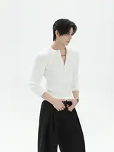 極上の柔らかさの多ボタンヘンリーネックリブニットセーター【カジュアル・メンズ用】