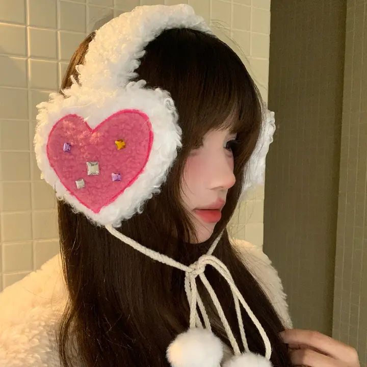 愛らしいハートデザインの羊羔绒耳あて【冬用・厚手・防寒・女性用】