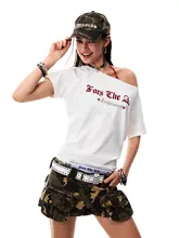 斜め肩デザインのレトロな短袖Tシャツ【クロスプリント・ゆったりシルエット・夏用】