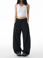 チェック柄パンツ【レトロスタイル・ストレート・ゆったり・ボトムス】