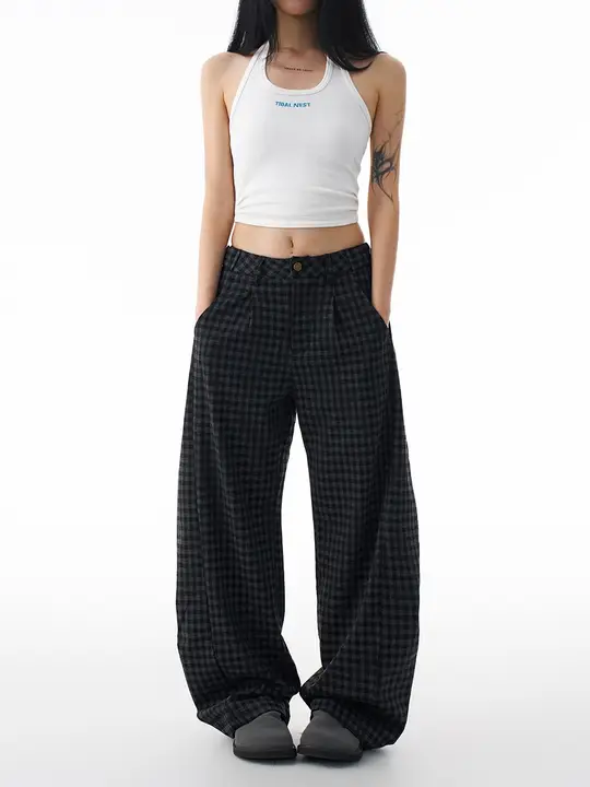 チェック柄パンツ【レトロスタイル・ストレート・ゆったり・ボトムス】