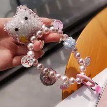 猫デザインの水晶パールスマホストラップ【短め・旅行用・防失落】