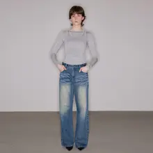 ヴィンテージ風 立体感のある猫ひげデザイン 水洗いデニムパンツ【女性用・ストレート・秋冬用】