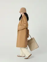 高級感あるキャメル色のダブルフェイスカシミアコート【厚手・中長丈・レディース】