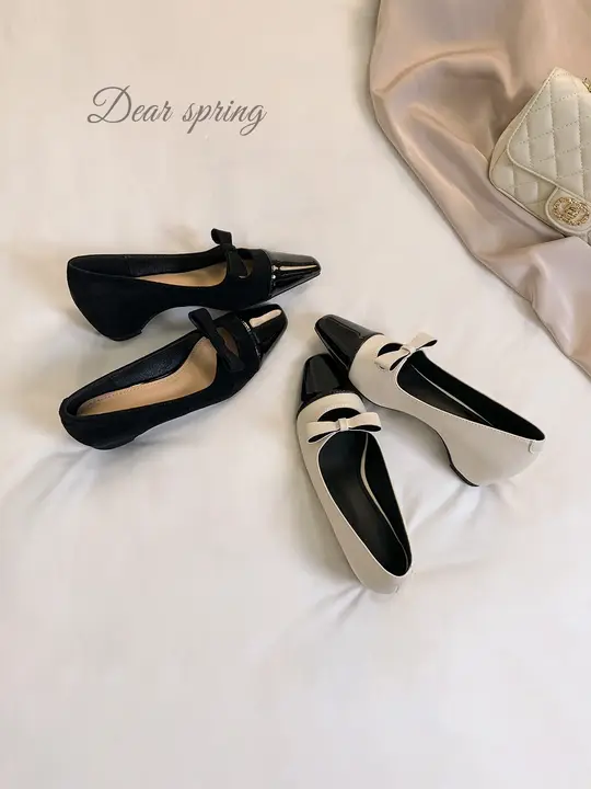 バタフライリボン付き マリージェン風女性用シューズ【内増高・フレンチスタイル・ドレス向け】