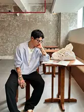 Vネック長袖シャツ【ブルー＆ホワイトストライプ・フィット・穴あけ不要】（セットアップ対応）