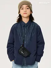 深い青のパッチワークキッズシャツジャケット【秋冬用・裏地が暖かい】