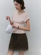 Tシャツ レディース リヨセル Vネック パイピング タイトフィット 着回し カジュアル 若見え 夏 「VOOE」