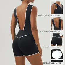 V型デザインの大きな背中の瑜伽連体衣【カラーブロック・ショートパンツ・スポーツ用・胸パッド付き】