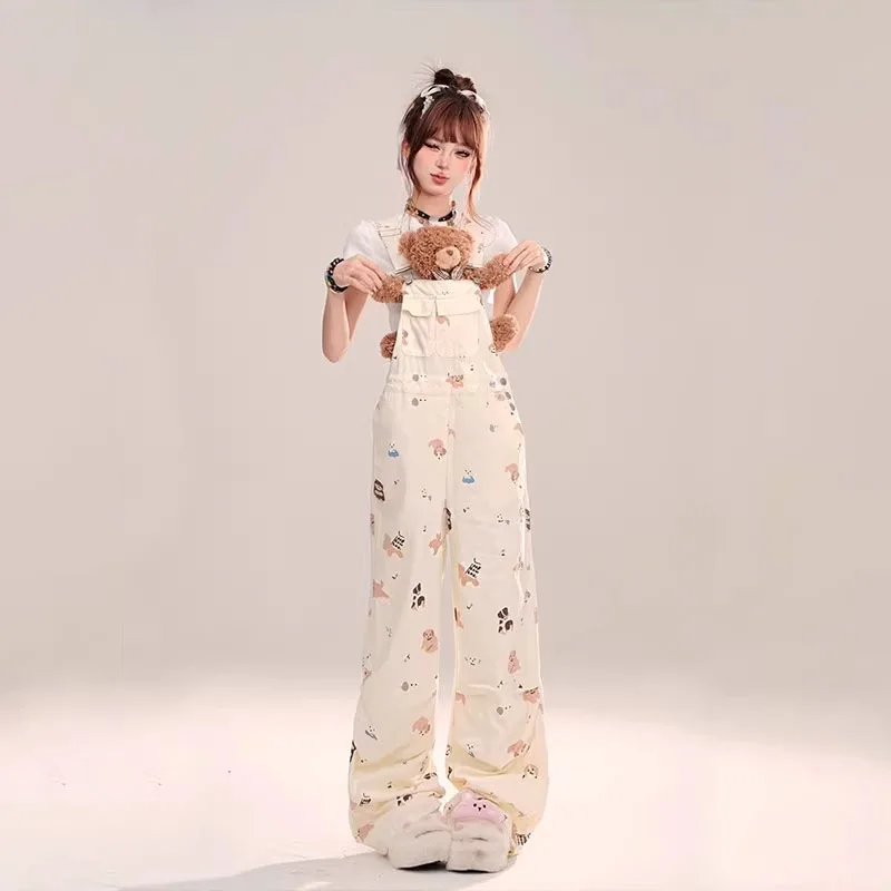可愛らしいデザイン！デニムサロペットパンツ【夏用・ストレート・ワイドレッグ・小柄向け】（セットアップ対応）