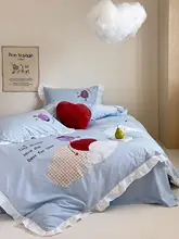 雲朵デザインの青い全棉素材ベッド用四点セット【子供用・プリンセススタイル】（セットアップ対応）