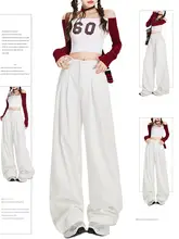 MZVZ 美式レトロ ホワイト プリーツ ワイドレッグデニムパンツ【春秋用・ルーズ・ストレート】