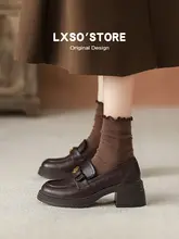 本革製 厚底山茶花デザインローファー【秋用・レトロ風・太ヒール・エレガント】