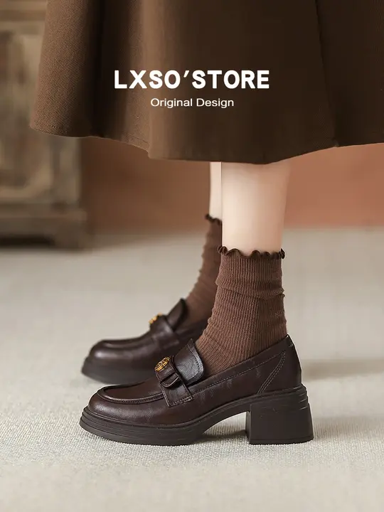 本革製 厚底山茶花デザインローファー【秋用・レトロ風・太ヒール・エレガント】