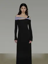 カラーコンビネーションのオフショルダーワンピース【長袖・フィット感・スリムシルエット】