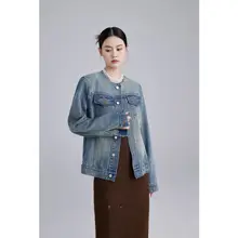クラシックデザインのラウンドネックデニムジャケット【ヴィンテージ加工】