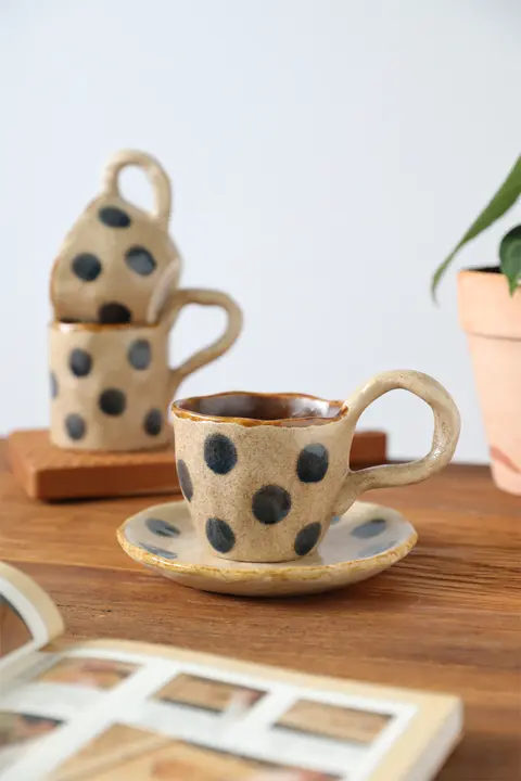 日本風レトロ陶製カフェマグカップ【ドット模様・ハンドメイド・ラテアート対応】