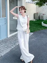 白色ファッショナブルな気質のベストとワイドパンツ【夏用・女性用・カジュアルコーデ】（セットアップ対応）