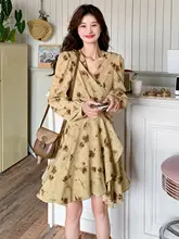 春季用フラワープリントVネックワンピース【フレンチスタイル・ティータイムにぴったり・小柄向け】