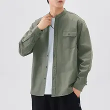 高密度コットン 立襟 シャツ【メンズ・長袖・春秋用・白・ヘンリーネック】