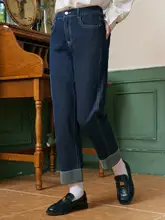 深い青のデニムパンツ【秋用・ゆったりしたストレート・カジュアル・通勤用】（セットアップ対応）