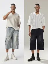 水洗い加工のデニムショートパンツ【メンズ・夏用・ルーズフィット・ワークスタイル】（セットアップ対応）