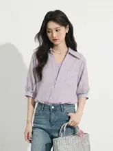 優しい紫の通勤用ショートスリーブシャツ【フランス風デザイン・ゆったりフィット】