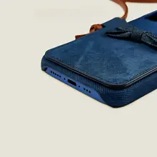 iPhone用 蝶結びデザインデニム調カカードケース【クロスボディ・ブルー】