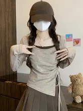 復古風ドローストリングデザインの皺加工Tシャツ【春用・小柄女性向け・上品デザイン】