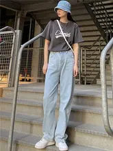 SELFSOLO ハイウエストストレートデニムパンツ【薄いブルー・柔らかい・ドラッグ付き】