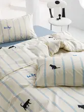 ブルーストライプの猫デザイン綿100%ベッド用品4点セット【シンプル・学生用】