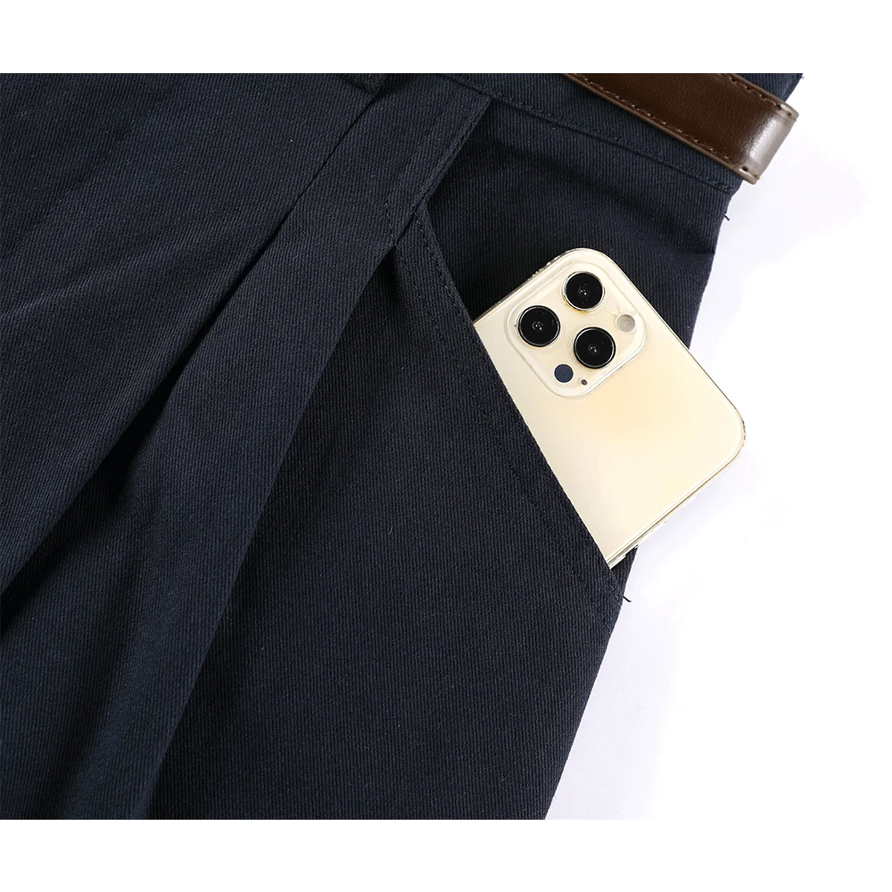 通勤向けレトロ風紺色ワイドパンツ：高腰・ウエストゴムで快適な日常スタイルを実現