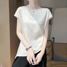 ラウンドネック ウエストシェイプ サテン シルク 半袖 Tシャツ【スリムフィット・サマー用】
