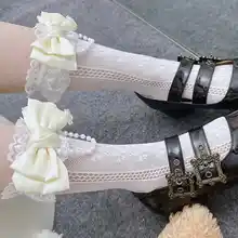 ロリータ風 レース付きバラ柄ソックス【甘い少女向け・パールチェーン・リボン装飾・透かしデザイン】