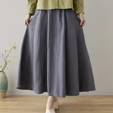 高品質の亜麻素材を使用した無地スカート【女性用・ロング・文芸復古風】