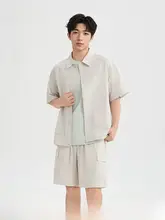 夏季 メンズ チェック柄コーディネート【都市型・フィット・翻領・大きなポケット付き】（セットアップ対応）