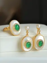 天然グリーンメノウと白貝母のリング【高級感あるデザイン・純銀金メッキ・サイズ調整可能】