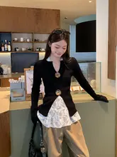 黒Vネック長袖ニットトップス【女性用・フィット感・秋用】