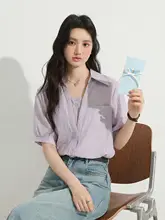 優しい紫の通勤用ショートスリーブシャツ【フランス風デザイン・ゆったりフィット】
