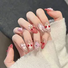 可愛らしい桜桃型デザインの手作り着用ネイルチップ【中長丈・リボン付き】