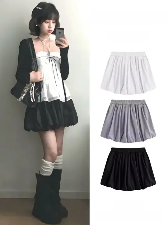 オールシーズン対応！黒色ケーキデザインのハイウエストスカートパンツ【体型カバー・小柄向け・安心設計】（セットアップ対応）