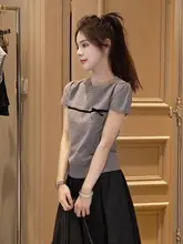 リボンデザインのニット半袖Tシャツ【女性用・シンプル・カジュアル】（セットアップ対応）
