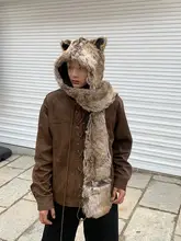 ファー付きフルコーディネート帽子＆マフラー＆手袋【ユニセックス・オオカミの耳デザイン】（セットアップ対応）