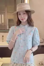 独特なデザインのブルーのパフスリーブブラウス【フランス風・軽やかで魅力的】