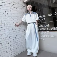 夏用アメリカンスタイルVネックバイカラー復古デザインの短袖Tシャツとワイドパンツ（セットアップ対応）