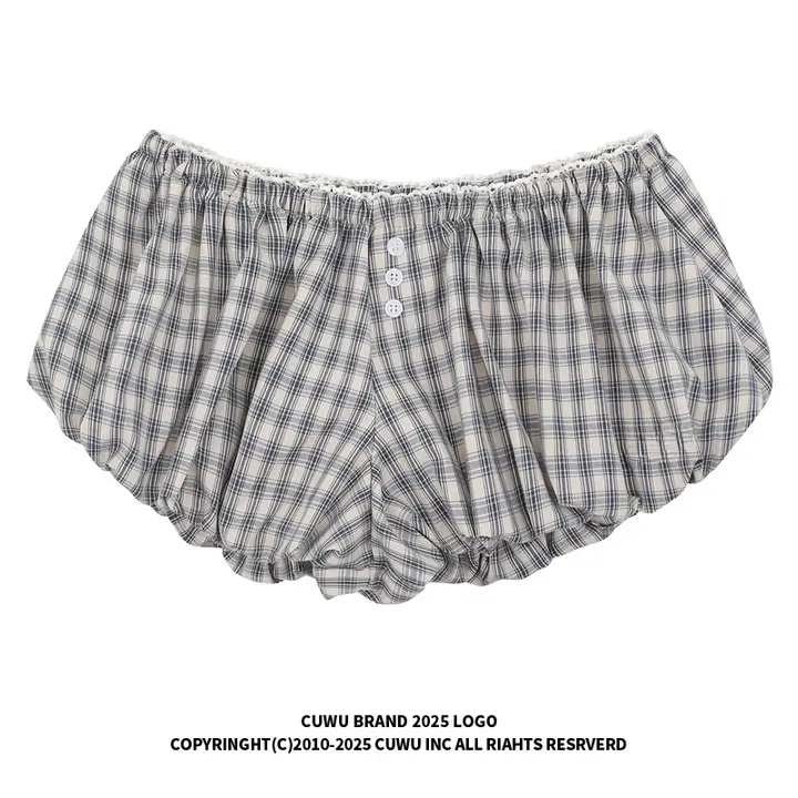 グレーのAラインフラワーボトムショートパンツ【女性用・夏用・チェック柄・極上の柔らかさ】（セットアップ対応）