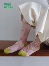 野草のヴィンテージ風アート柄中筒ソックス【夏用・薄手・カラフルデザイン】