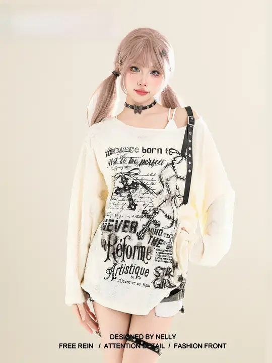XUNXI 斜め襟デザインのオフショルダーTシャツ【秋用・透け感のある薄手・UVカット】