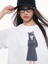 二次元猫耳デザインの印刷Tシャツ【レディース・ショートスリーブ・ラウンドネック・ルーズフィット】